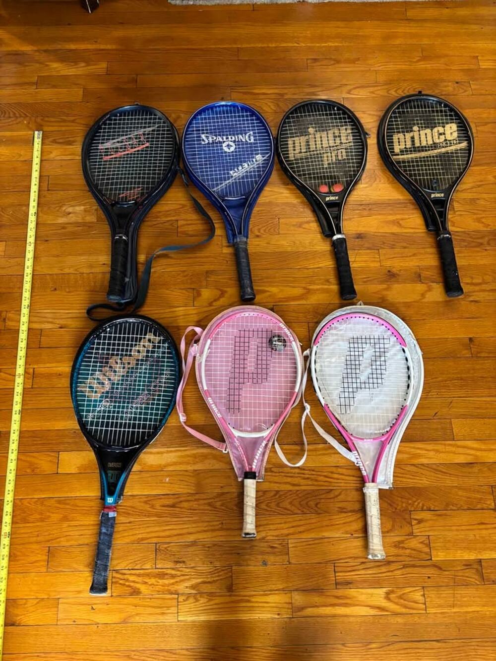 LOT of 7 Junior / Adult Tennis Rackets / Racquets with Zipper Covers - Black